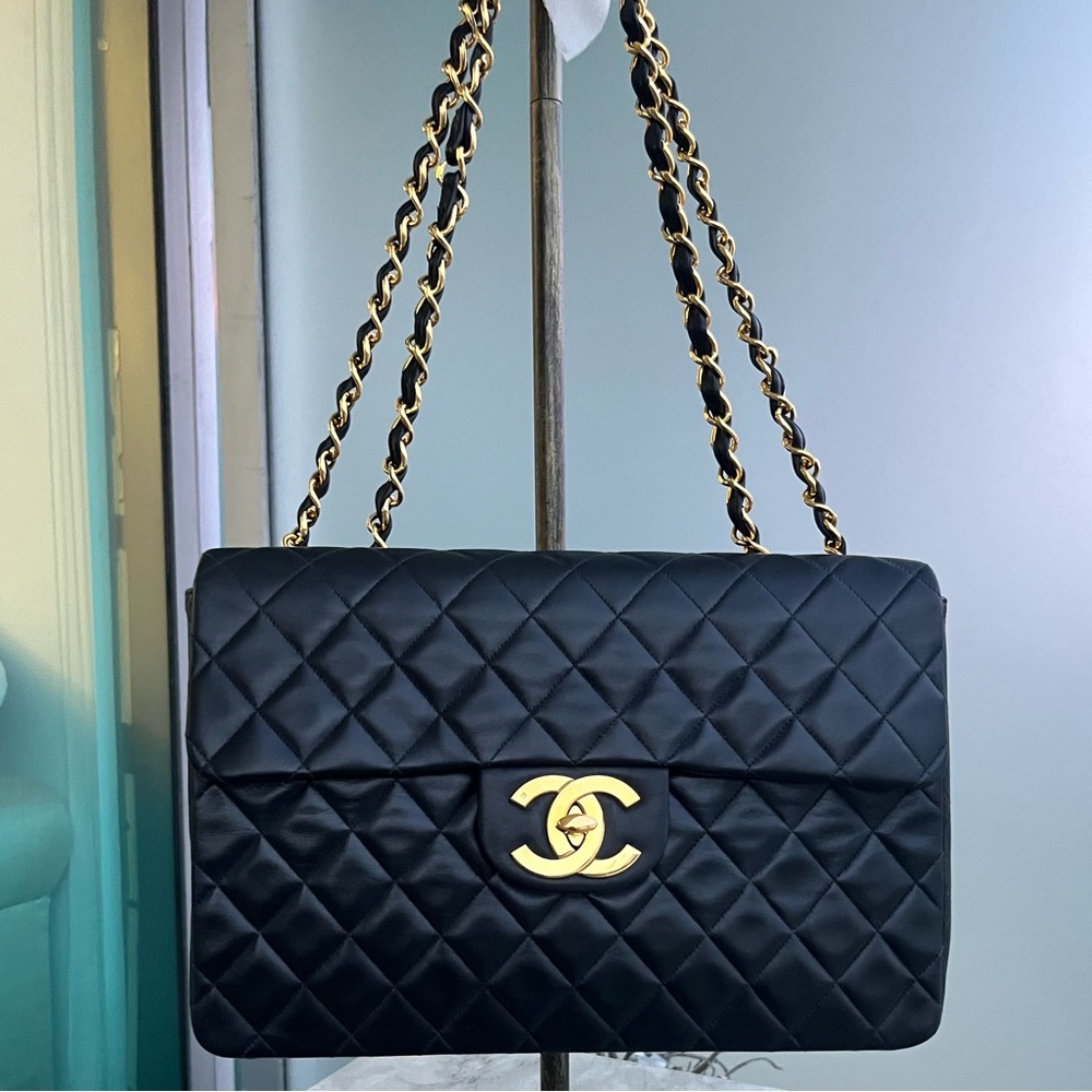 CHANEL XL Vintage Maxi Classic Quilted Lambskin Single Flap Chain Strap